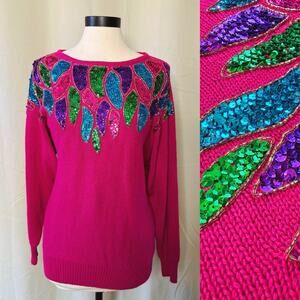 VTG 80s Victoria Jones Funky Pink Knit Sweater With Sequins